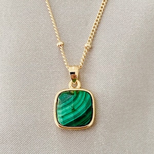 14K Gold Malachite Pendant, Satellite Chain, Square Pendant, Gift for Her