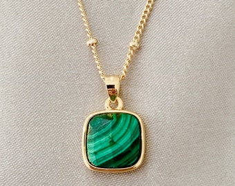 14K Gold Malachite Pendant, Satellite Chain, Square Pendant, Gift for Her