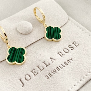 14K Gold Clover Earrings, Delicate Clover Earrings, Malachite, Lucky Four Leaf Clover, Gift for Her