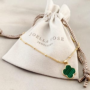 Gold Malachite Clover Necklace, Satellite Chain, Delicate Clover Necklace, Malachite Clover Pendant, Lucky Four Leaf Clover, Gift for Her