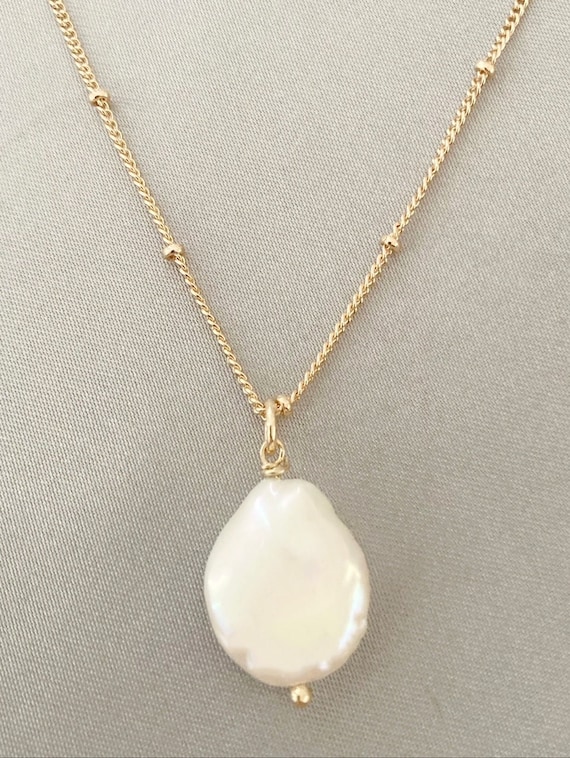 14k Gold Baroque Pearl Pendant & Chain, Satellite Chain