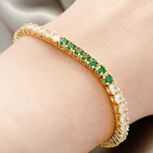 18K Gold Green & Clear CZ Tennis Bracelet, Cubic Zirconia, Gift for Her