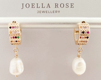 18K Gold Pearl Hoop Earrings, Rainbow Crystal, Gold Filled Huggie Earrings, Baroque Pearl, Gift for Her