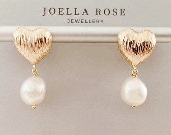 18K Heart Pearl Earrings, Baroque Peral Earrings, Pearl Drop Earrings, Gift for Her