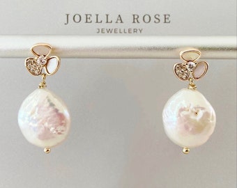 18K Gold Flower & Crystal Pearl Drop Earrings, Baroque Pearl, Cubic Zirconia