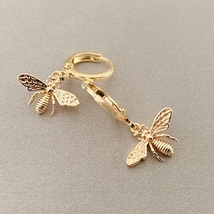 14K Gold Bee Hoop Earrings, Bee Earrings, Gift for Her image 2