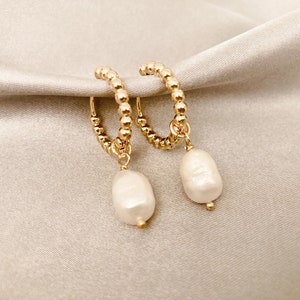 14K Gold Pearl Drop Earrings, Baroque Pearl Earrings, Pearl Drop Earrings, Gold Hoop Earrings, Gold Huggie Earrings