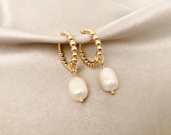 14K Gold Pearl Drop Earrings, Baroque Pearl Earrings, Pearl Drop Earrings, Gold Hoop Earrings, Gold Huggie Earrings