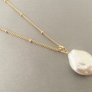 14k Gold Baroque Pearl Pendant & Chain, Satellite Chain, Freshwater Button Baroque Pearl Pendant