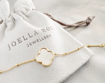 14K Gold Clover Bracelet, Delicate Clover Bracelet, Mother of Pearl, Lucky Four Leaf Clover, Gift for Her