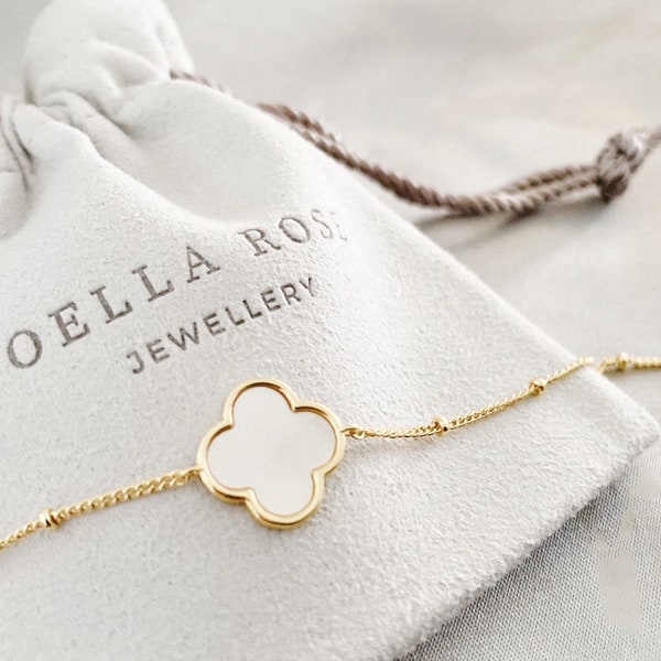 14K Gold Clover Bracelet, Delicate Clover Bracelet, Mother of Pearl, Lucky Four Leaf Clover, Gift for Her