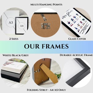 May include: An image showcasing frame features, including A3 and A4 sizes, multi-hanging points, and a glass cover. The frames come in white, black, and grey, with a durable acrylic frame. The text "Mr. Gluer" is visible.