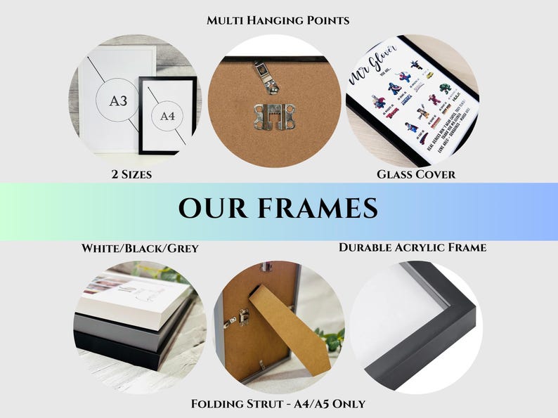May include: An image showcasing frame features, including A3 and A4 sizes, multi-hanging points, and a glass cover. The frames come in white, black, and grey, with a durable acrylic frame. The text "Mr. Gluer" is visible.
