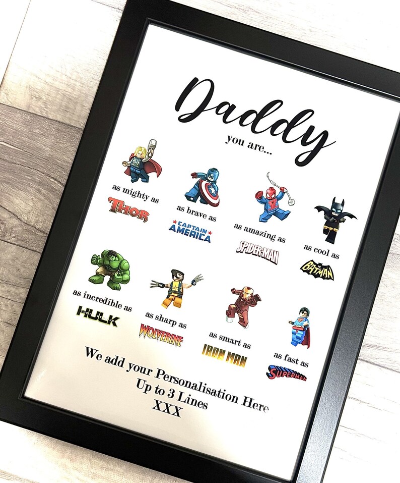 May include: Framed print with the word "Daddy" and superhero comparisons: Thor, Captain America, Spiderman, Batman, Hulk, Wolverine, Iron Man, and Superman. Includes space for personalization.