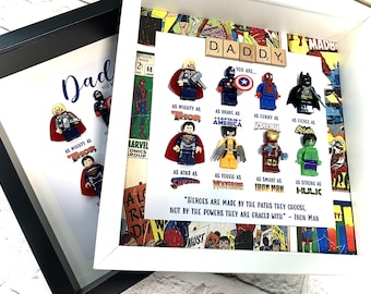 Gifts for Dad, Superhero figures, Minifigure Frame, Personalised Framed Wall Hanging Art, Custom Birthday gifts, Christmas Present for Him