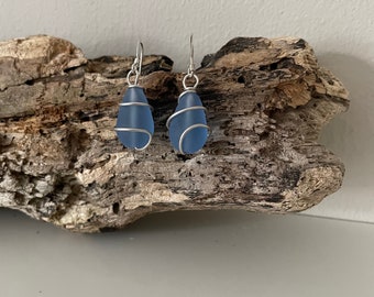 Blue Seaglass earrings/Sterling silver wire wrapped glass/Handmade in Cornwall/Unique Cornish gift for her jewellery