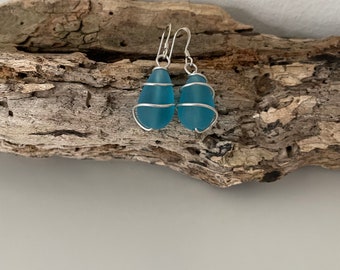 Turquoise Seaglass earrings/Sterling silver wire wrapped glass/Handmade in Cornwall/Unique Cornish gift for her jewellery