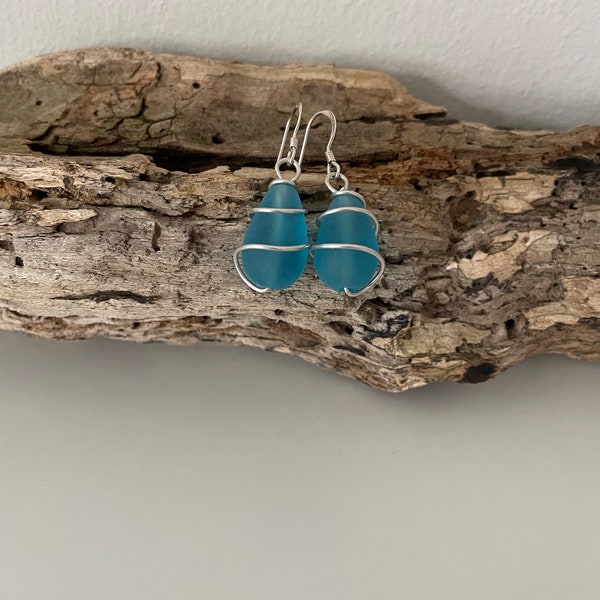 Turquoise Seaglass earrings/Sterling silver wire wrapped glass/Handmade in Cornwall/Unique Cornish gift for her jewellery