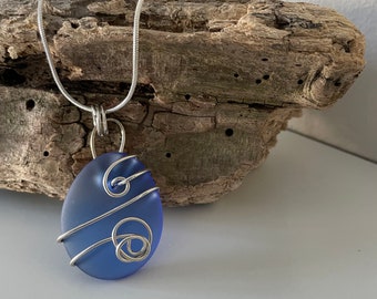 Blue Seaglass necklace/Sterling silver wire wrapped glass/Handmade in Cornwall/Unique gift for her/Sea glass Jewellery/Large Pendant