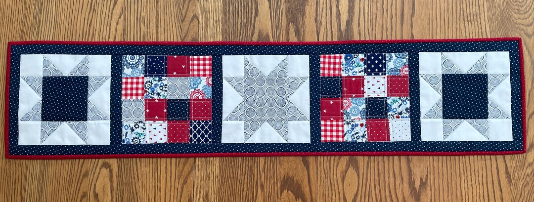 Red, White and Blue Patriotic Quilted Table Runner With Blue and White ...