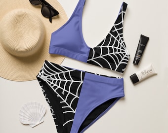 ライラック スプリット トーン スパイダーウェブ ハイウエスト ビキニ | ゴシック 2 ピース 水着 | Whimsigoth Swimwear