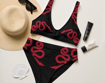 Red Snake Print High-Waisted Bikini | Black and Red Gothic Swimsuit | Two Piece Swimwear Womens