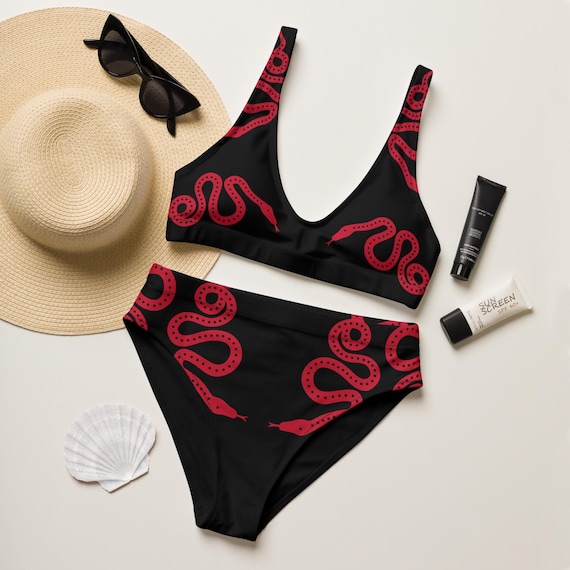 Red Snake Print High-Waisted Bikini Black and Red Gothic Swimsuit Two  Piece Swimwear Womens