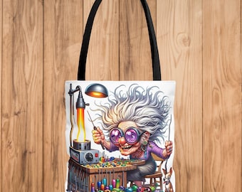 Totetas met glazen werklamp – lachende dame karikatuur, ambachtelijke tas