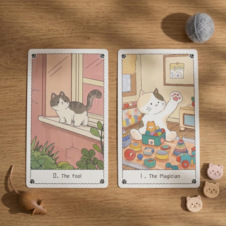 May include: Two rectangular tarot cards featuring cat illustrations. The left card shows a cat on a windowsill labeled 0. The fool. The right card shows a cat playing with toys labeled I. The Magician. Includes a wooden mouse and small cat-shaped tokens.
