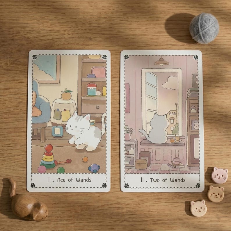 May include: Two rectangular tarot cards featuring cat illustrations. The left card, labeled I. Ace of Wands, shows a white cat with toys. The right card, labeled II. Two of Wands, shows a white cat looking out a window. Three small cat-shaped wooden tokens are nearby.