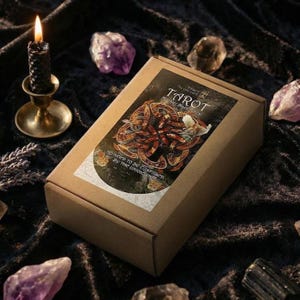Puede incluir: Una caja de cartón marrón con un diseño de carta del tarot. El diseño presenta la palabra "TAROT" y el texto "Monster Black Forest". La caja está rodeada de cristales, una vela negra encendida y un candelabro de latón.