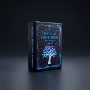 May include: A black rectangular deck box for Terminal Revelation Lenormand cards. The front features a glowing blue circuit board pattern, a white tree silhouette, and the text Terminal Revelation Lenormand. The side also displays the text.