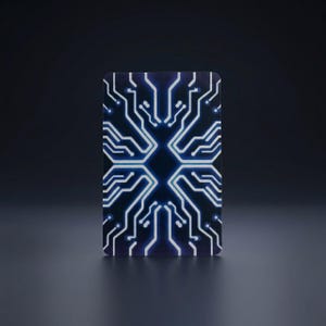 May include: A rectangular playing card featuring a dark blue background with a symmetrical, glowing white circuit board pattern. The design consists of interconnected lines and nodes that radiate from a central point, creating a digital aesthetic.