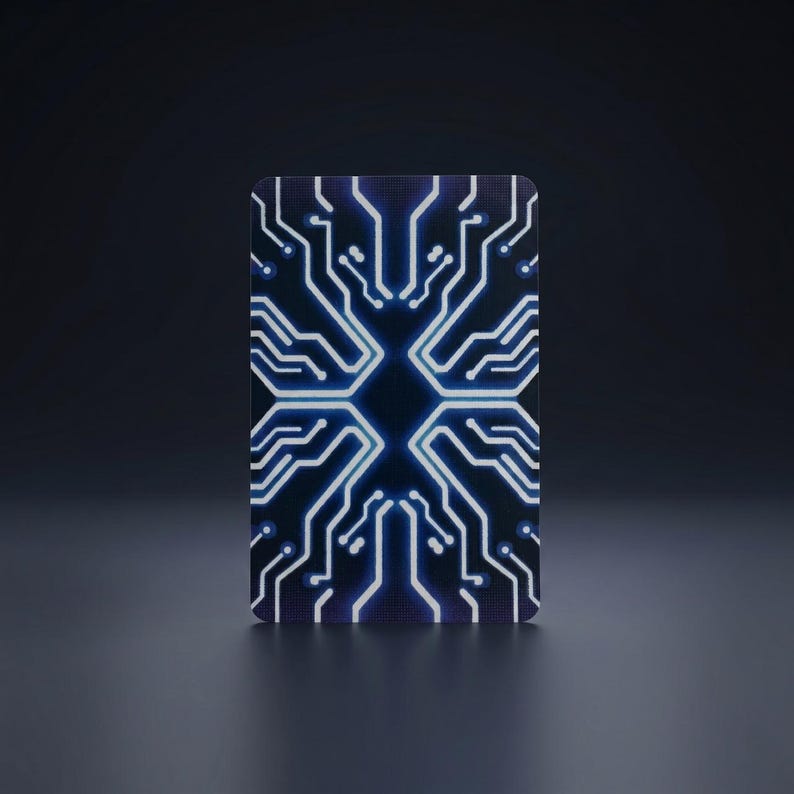 May include: A rectangular playing card featuring a dark blue background with a symmetrical, glowing white circuit board pattern. The design consists of interconnected lines and nodes that radiate from a central point, creating a digital aesthetic.