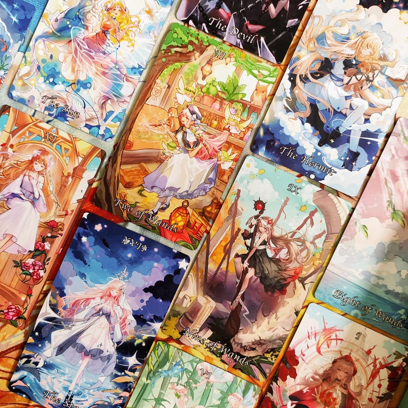 May include: A set of tarot cards featuring colorful illustrations of people in various poses. The cards are arranged in a fan shape, with the top card showing a woman with long blonde hair and a white dress. The cards are printed with the names of the suits and the numbers of the cards.