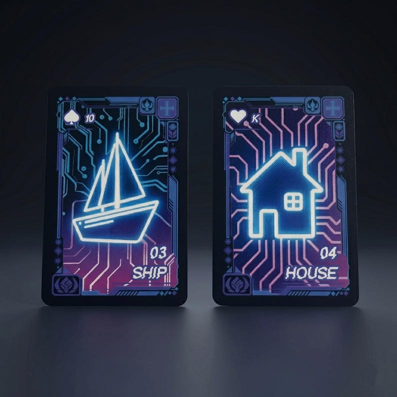 May include: Two rectangular playing cards with a dark background featuring glowing neon-style circuit board patterns. The left card displays a white sailboat icon, the number 10, a spade symbol, and the text 03 SHIP. The right card shows a white house icon, the letter K, a heart symbol, and the text 04 HOUSE.