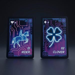 May include: Two rectangular playing cards with a dark background and neon blue and purple circuit board patterns. The left card features a heart symbol, the number 9, a rider on a horse, and the text 01 RIDER. The right card shows a diamond, the number 6, a four-leaf clover, and 02 CLOVER.