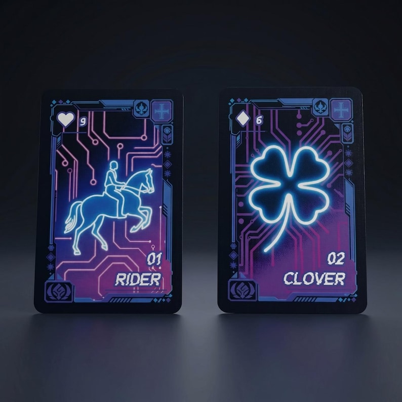 May include: Two rectangular playing cards with a dark background and neon blue and purple circuit board patterns. The left card features a heart symbol, the number 9, a rider on a horse, and the text 01 RIDER. The right card shows a diamond, the number 6, a four-leaf clover, and 02 CLOVER.