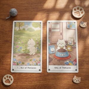 May include: Two rectangular tarot cards featuring cat illustrations. The left card, labeled 'I. Ace of Pentacles', shows a white cat in a flower field. The right card, labeled 'King of Pentacles', shows a cat eating from a bowl labeled 'CAT'.