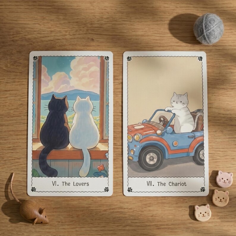 May include: Two rectangular tarot cards featuring cat illustrations. The left card, labeled VI. The Lovers, shows a black and a white cat looking out a window. The right card, labeled VII. The Chariot, depicts a grey tabby cat driving a small blue car.
