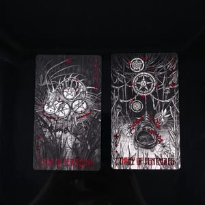 Op de afbeelding: Twee rechthoekige tarotkaarten met ingewikkelde zwart-witte lijntekeningen met rode accenten. De linkerkaart toont de tekst 'KING OF PENTACLES' en de rechterkaart toont de tekst 'THREE OF PENTACLES' met gedetailleerde illustraties van munten.