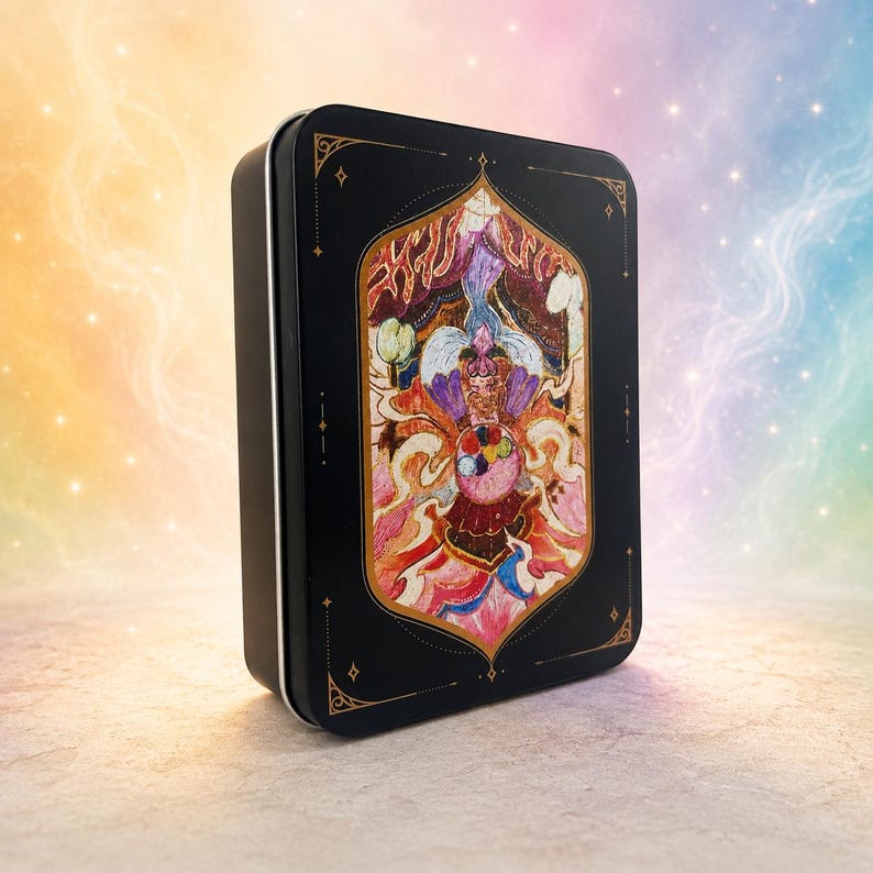 May include: A black rectangular tin with a colorful illustration of a figure with a crown and a multi-colored sphere. The illustration is framed by a gold border and set against a gradient background.