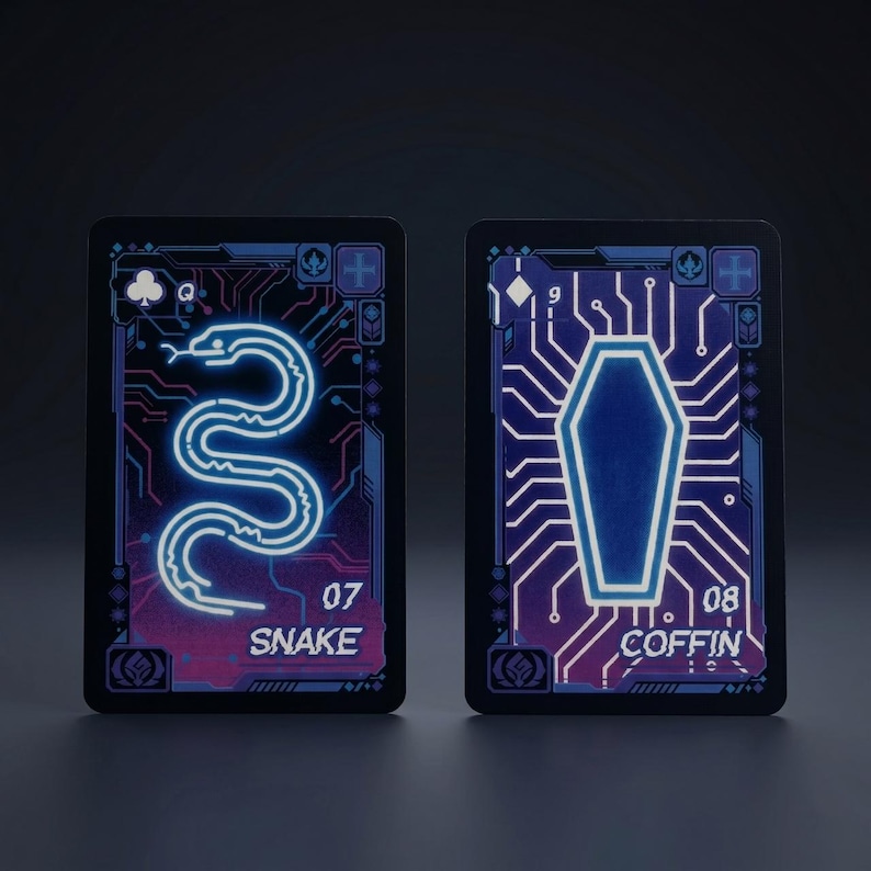 May include: Two rectangular playing cards with a dark blue and purple circuit board background. The left card features a glowing light blue snake, the club suit symbol, and the text SNAKE 07. The right card shows a glowing coffin, the diamond suit, and COFFIN 08.