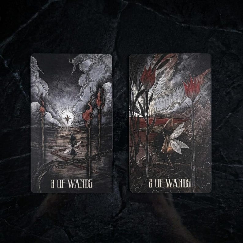 Op de afbeelding: Twee rechthoekige tarotkaarten met donkere, illustratieve kunst. De linkerkaart toont een figuur met vleugels, drie hoge staven en een heldere ster, gelabeld 3 OF WANDS. De rechterkaart toont een gevleugeld figuur, twee rode tulpen en een landschap, gelabeld 2 OF WANDS.