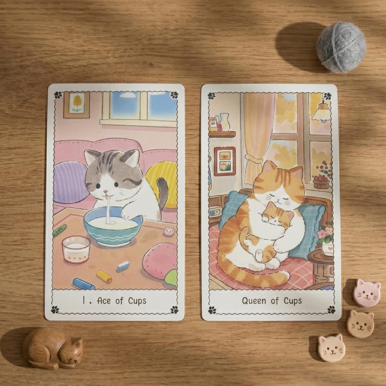 May include: Two rectangular tarot cards featuring cat illustrations. The left card, labeled 'I. Ace of Cups', shows a kitten eating from a bowl. The right card, labeled 'Queen of Cups', depicts a cat holding a kitten. Small cat-shaped tokens are nearby.