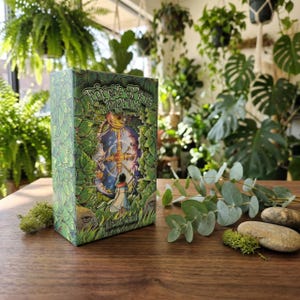May include: A green box featuring the text "Forest Spirit Imprints" and a forest scene illustration. The box is covered in green leaves. The background shows various plants and foliage.