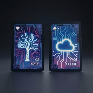 May include: Two rectangular playing cards with dark blue and purple backgrounds featuring glowing circuit board patterns. The left card shows a white tree icon with the text 7, 05, and TREE. The right card shows a white cloud icon with the text K, 06, and CLOUD.
