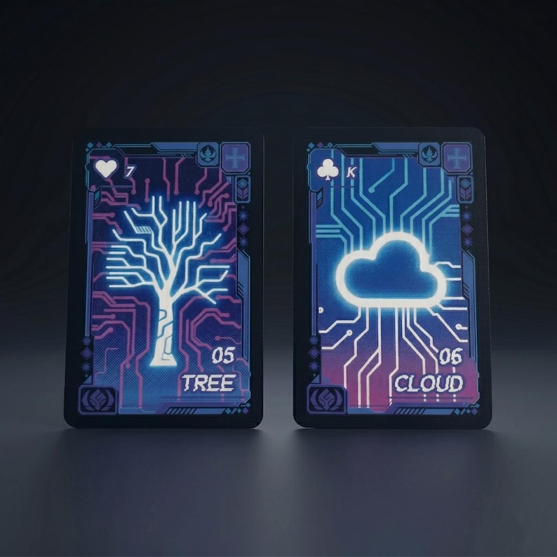May include: Two rectangular playing cards with dark blue and purple backgrounds featuring glowing circuit board patterns. The left card shows a white tree icon with the text 7, 05, and TREE. The right card shows a white cloud icon with the text K, 06, and CLOUD.
