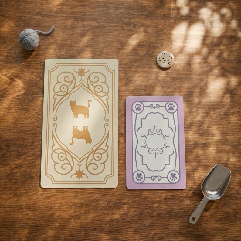 May include: A rectangular cream-colored card with gold filigree borders and two cat silhouettes, a smaller rectangular lavender card with a white center and paw print corners, a small gray yarn ball, a round cat-face button, and a metal scoop.