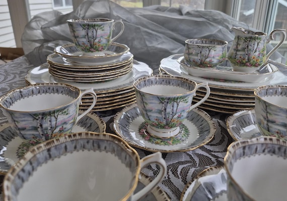 ロイヤルアルバート Royal Albert Silver Birch Pattern Dinner Setting for Six - Etsy